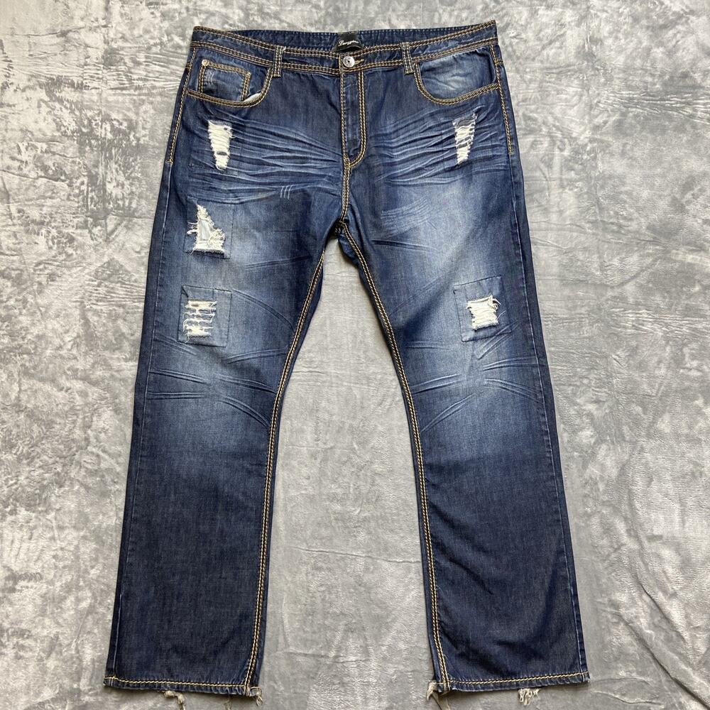 Lanzinno Jeans Men’s Size 46 Denim Blue Dark Wash Distressed‎